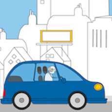 Voiture bleue roulant dans la ville avec une personne âgée au volant